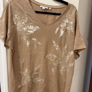 Chico's Tan Sequin Floral Top